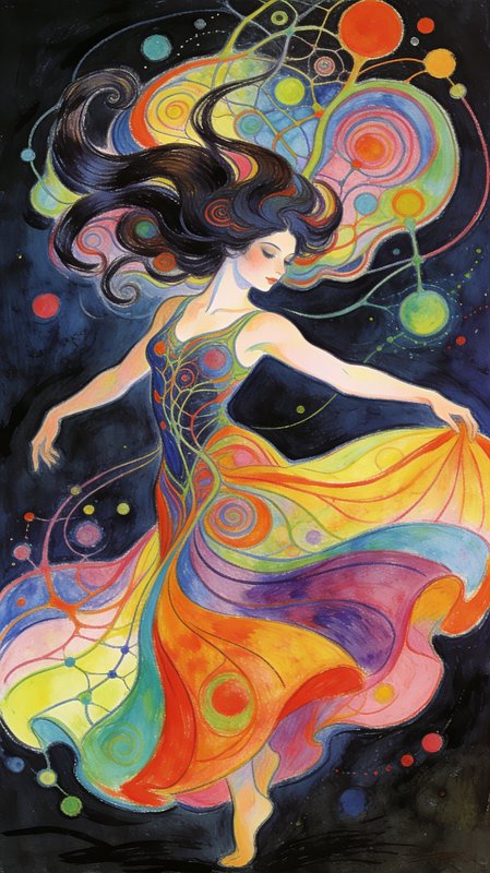 A vibrant dancing woman in a multicolored swirling dress against a cosmic, abstract background.