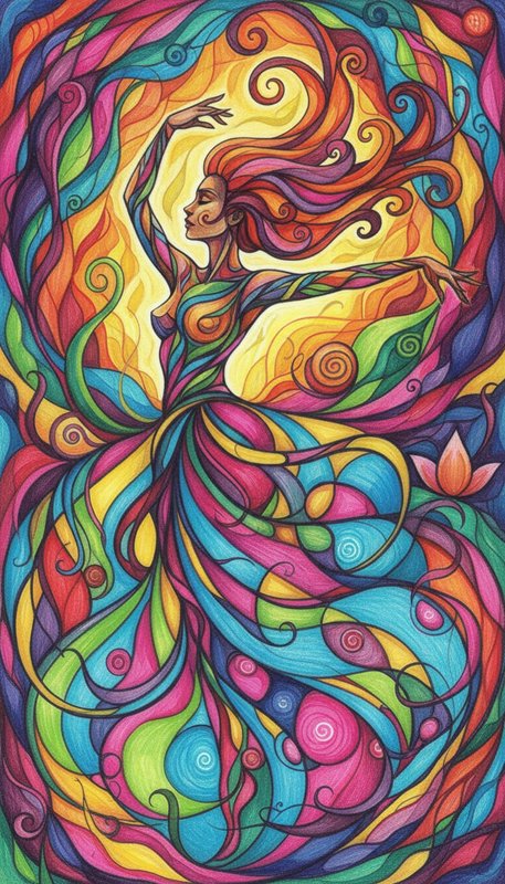 Vibrant abstract painting of a dancing woman with flowing, swirling ribbons of color.