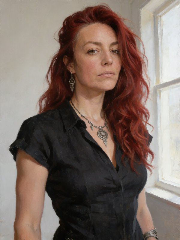 Portrait of a woman with long red hair in a black blouse by a sunlit window.
