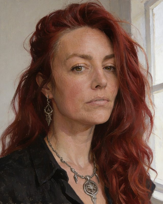 Woman with long red wavy hair, wearing silver jewelry and a black shirt, posing indoors by a window.