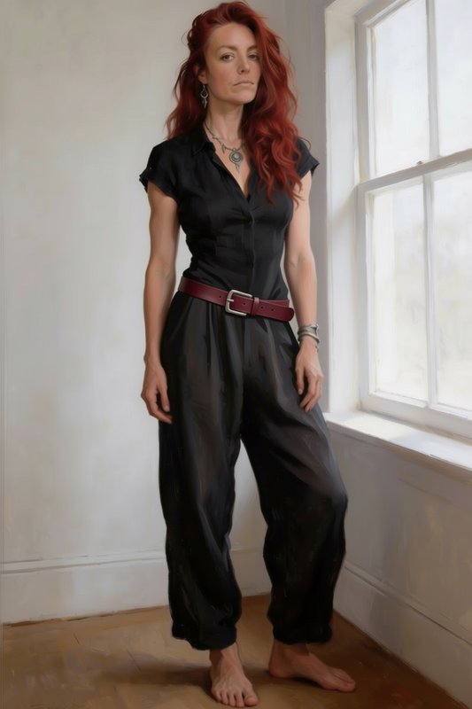 Woman with red hair wearing a black jumpsuit and maroon belt, standing barefoot by a bright window.