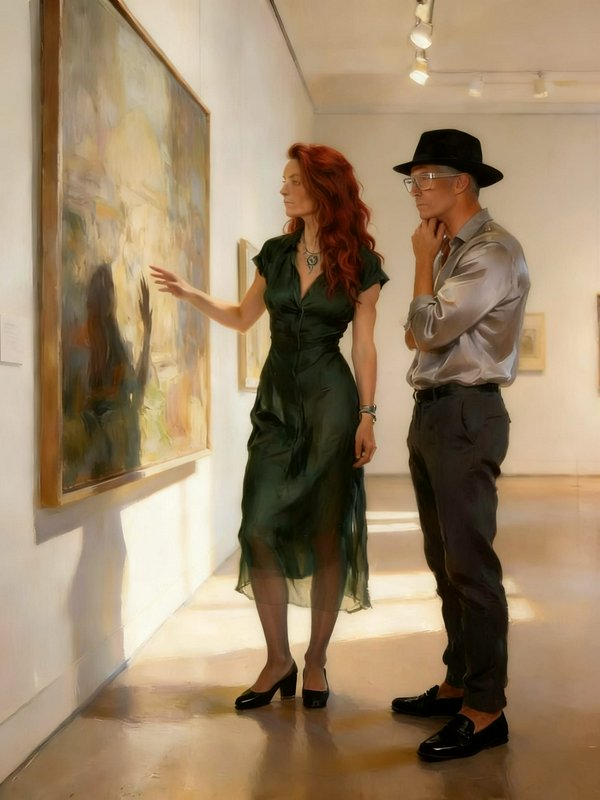Woman in green dress points at a painting as a man in a hat watches in a gallery.
