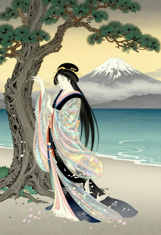 Japanese woman in an ornate kimono beside a gnarled tree with Mount Fuji and sea in the background.