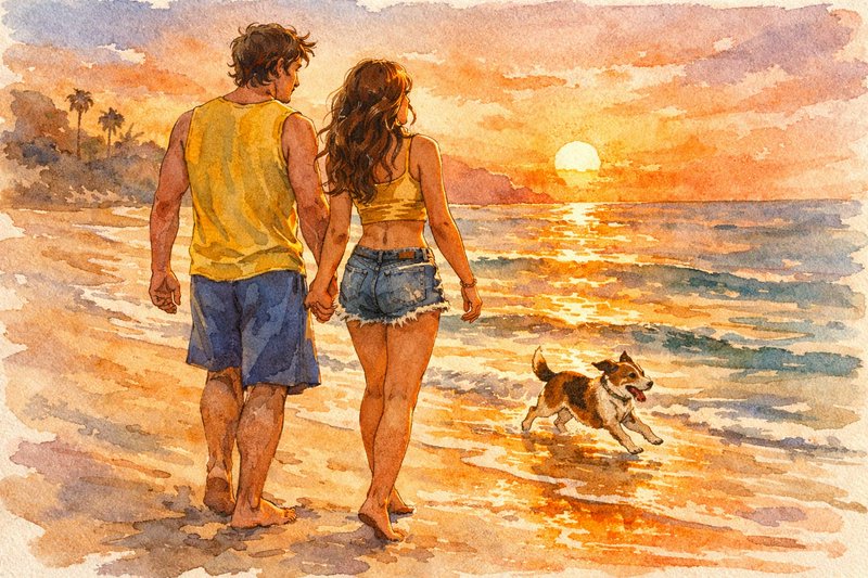 Couple walking barefoot on a sunset beach with a playful dog in watercolor.