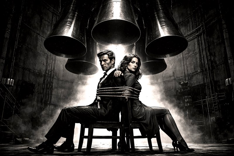 Man and woman bound to a chair in a dark, industrial noir setting.