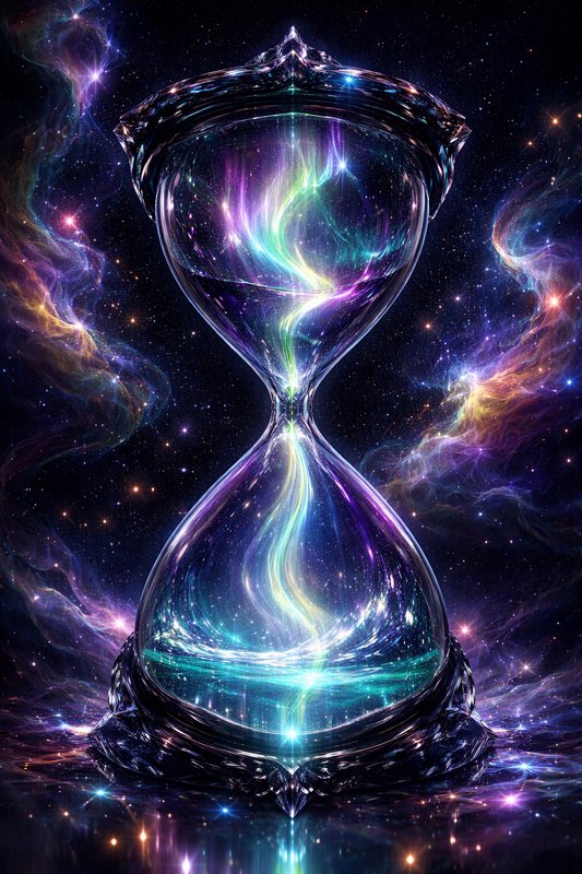 Vibrant glass hourglass floating in a cosmic nebula with swirling neon colors