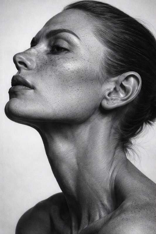 Black-and-white close-up portrait of a woman with freckles, highlighting the neck and jawline.