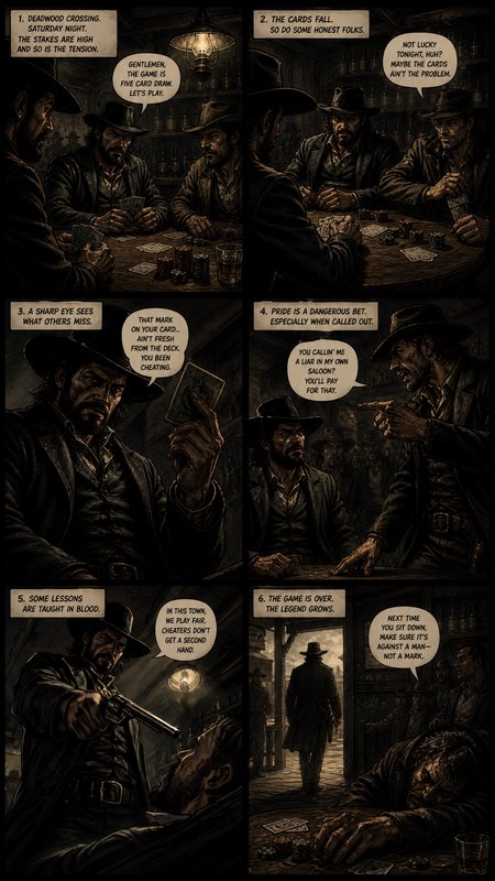 Dark Western card game scene in a smoky saloon, six-panel noir comic with rugged cowboys.