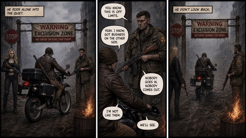 Post-apocalyptic comic panel showing rugged men near a “Warning Exclusion Zone” gate and a motorcycles with a fire pit.