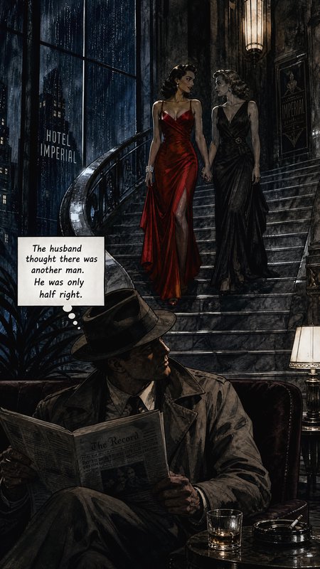 Two women in red and black evening gowns descend a staircase while a man in a fedora reads a newspaper in a noir hotel lobby.