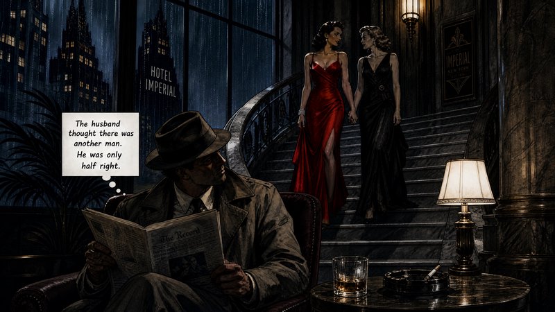 Noir detective on a chair reads a newspaper while two glamorous women in red and black gowns descend a staircase.
