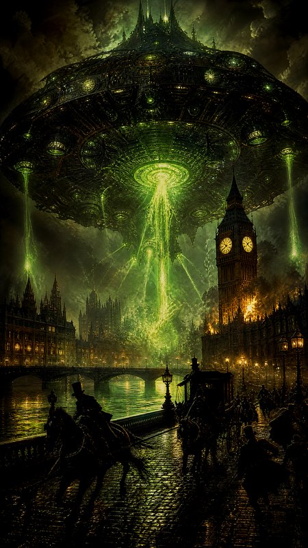 Massive green-lit UFO descending over London with Big Ben and the Thames at night