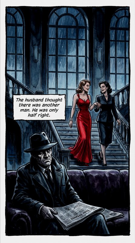 Noir comic panel: man in a fedora reads a newspaper as two women in red and black descend a grand staircase.