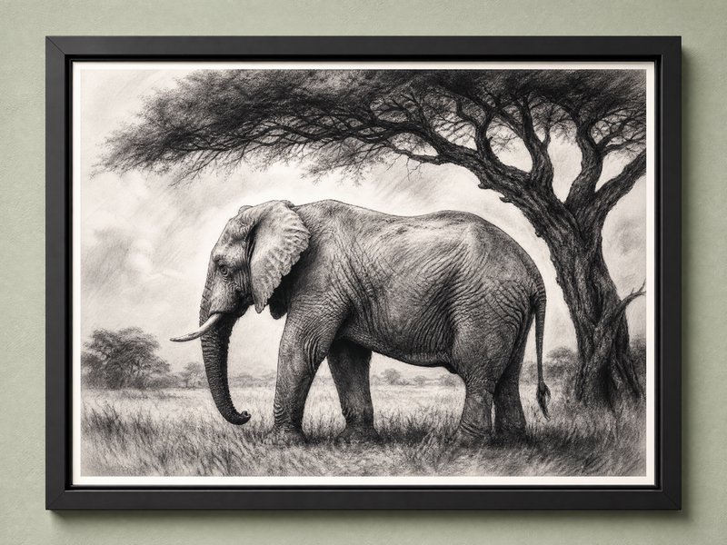 Framed charcoal sketch of an African elephant beside a tree in a savannah scene.