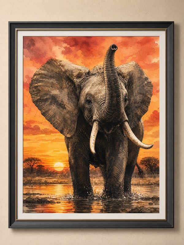 Elephant wading in water at sunset with an orange sky.