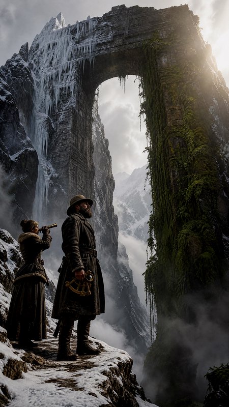 Two hooded travelers stand on a snow-dusted ledge beneath a moss-covered stone arch in a misty, jagged mountain setting