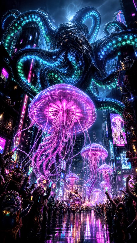 Gigantic neon-lit octopus monster towering over a futuristic city parade with glowing jellyfish lanterns.