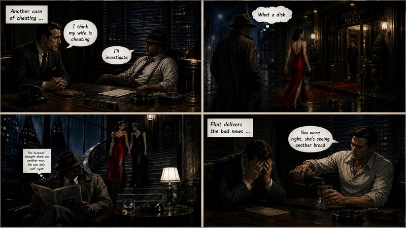 Dark noir comic panels showing a detective and a man at a hotel bar discussing cheating and scandal.
