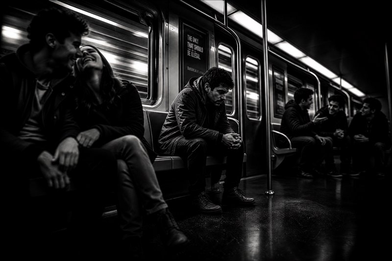 Black-and-white subway scene with passengers seated inside a metro car, including a couple smiling on the left and a