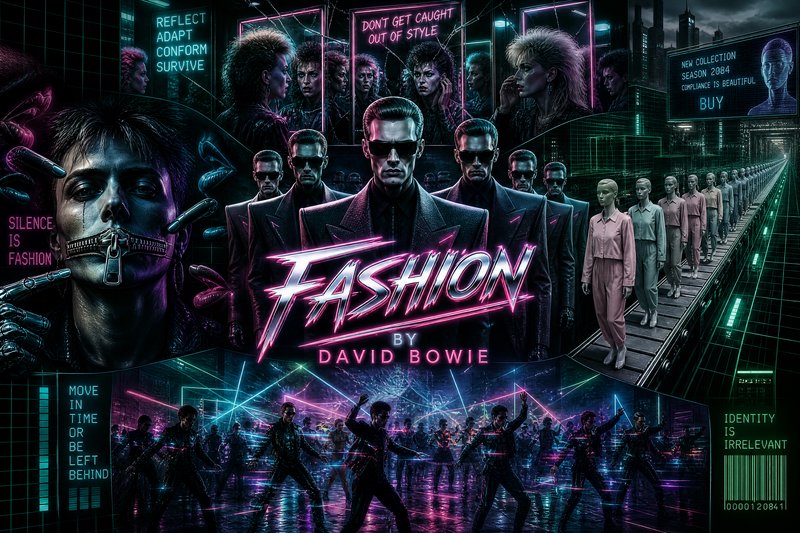 Neon-lit sci-fi fashion poster with David Bowie-inspired title and futuristic models on a glowing runway.