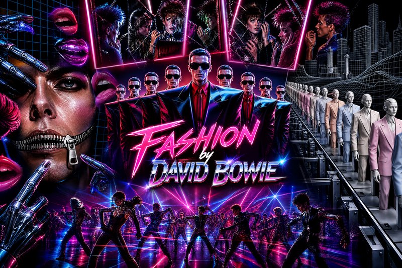 Neon-lit fashion show poster with mirrored panels, dancers on a runway, and bold "Fashion by David Bowie" title.