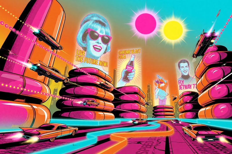Neon retro-futuristic cityscape with pink-orange highways, futuristic cars, and oversized billboard faces.