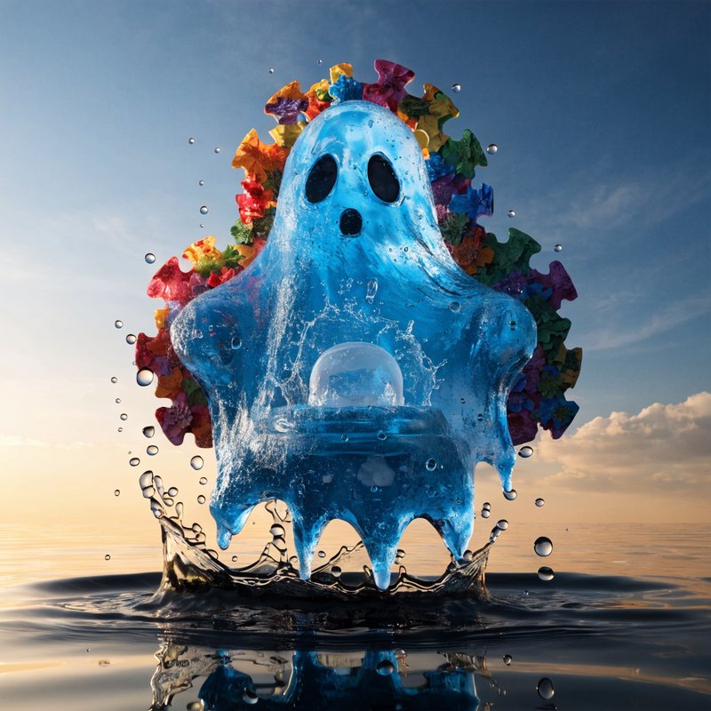 Blue translucent ghost figure rising from water with a rainbow colorful halo at sunset.