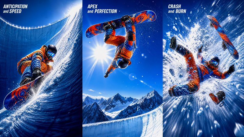 Snowboarder in orange gear riding a snowy halfpipe in a three-panel action collage against a bright blue sky.
