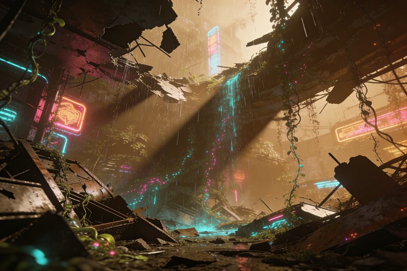 Ruined neon-lit cyberpunk alley with hanging vines and glowing signs.