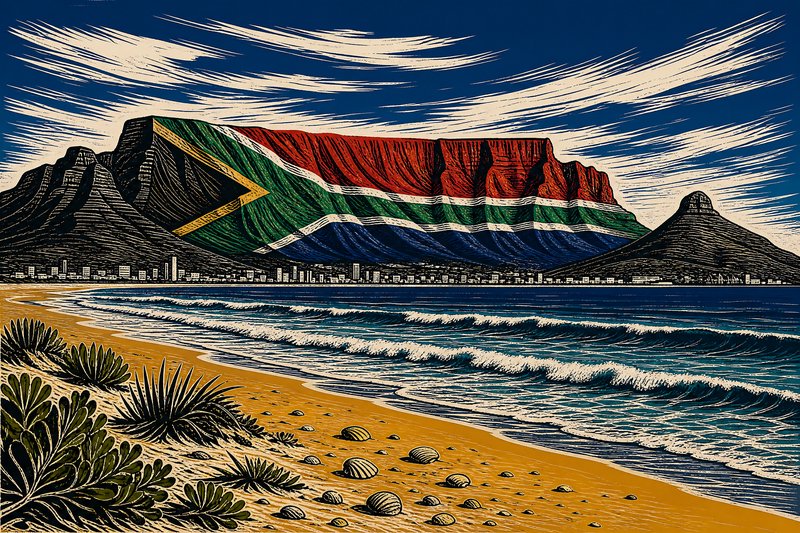 [Linocut illustration of Cape Town's Table Mountain draped in the South African flag overlooking a sandy ocean coastline.]
