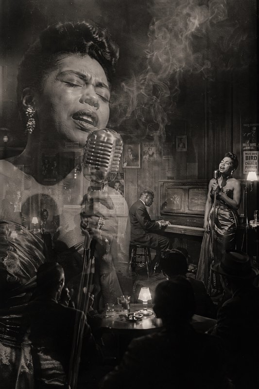 Double exposure black and white photo of a soulful female jazz singer performing in a smoky vintage 1950s jazz club.