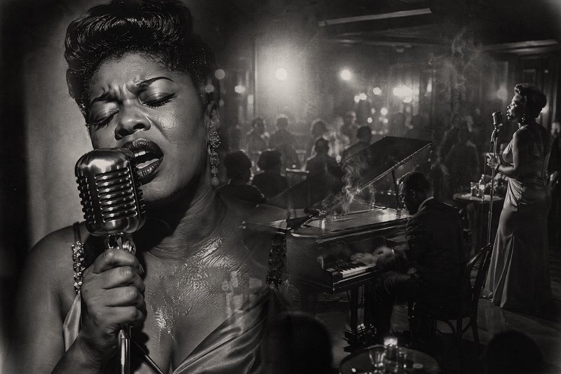 Black and white double exposure of passionate female jazz singer performing at a smoky vintage mid-century nightclub