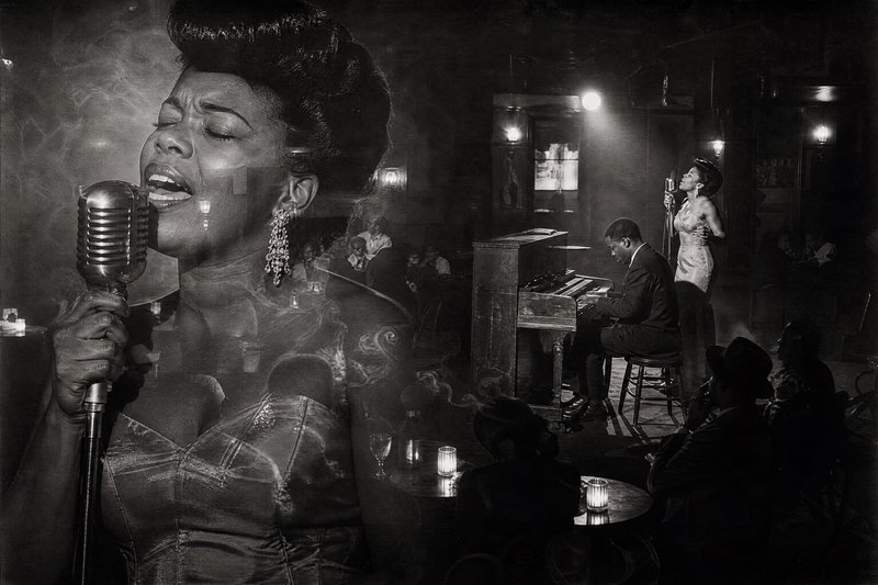 [Double exposure black and white shot of a female jazz singer performing in a smoky vintage nightclub with piano accompani...