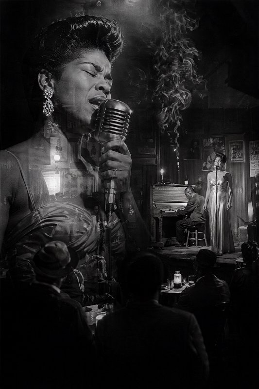 [Black and white double exposure of female jazz singer performing in a smoky vintage 1950s jazz club]