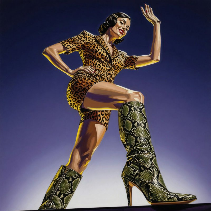 Bold pop art portrait of a confident retro woman in leopard print and snakeskin stiletto boots posing playfully.