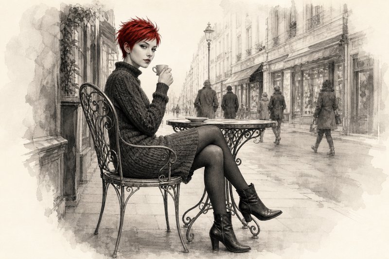 Watercolor sketch of spiky red-haired woman drinking coffee at an outdoor Parisian sidewalk cafe on a historic city street