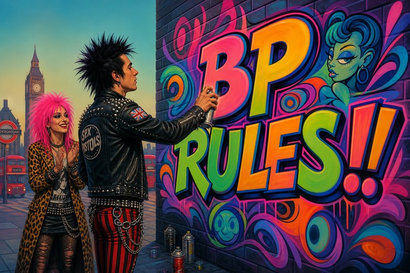 Punk street artist spray paints bright 'BP Rules' graffiti on a brick wall, as a pink-haired woman claps with London