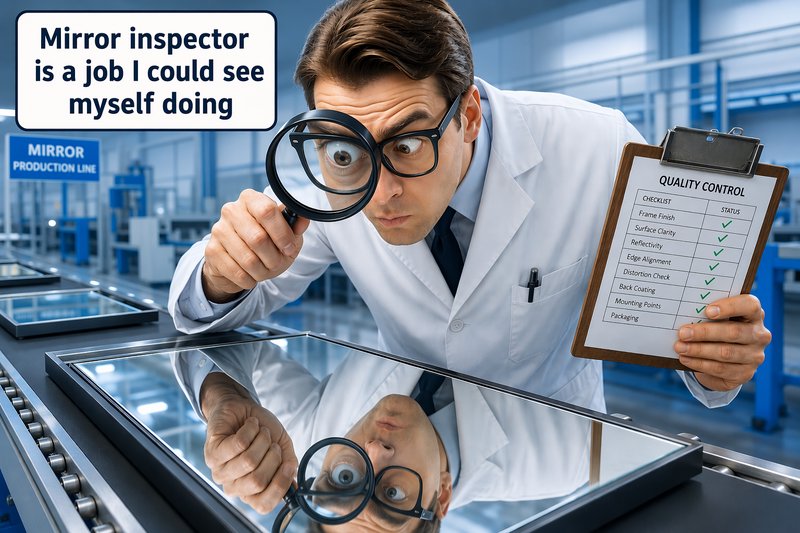 Humorous pun meme of a mirror quality inspector holding a magnifying glass, his reflection visible on the mirror he is