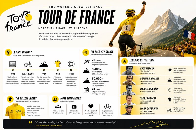 Tour de France infographic showing race history, stats, yellow jersey details, legendary champions, and celebrating
