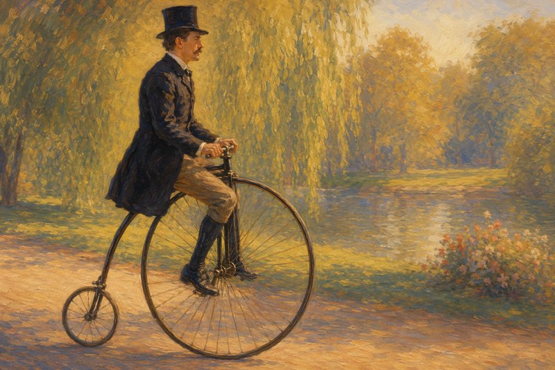 Impressionist oil painting of a Victorian man in a top hat riding a penny-farthing along a sunlit riverside park path