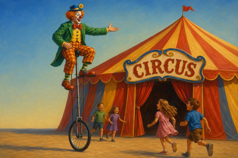 Cheerful clown on a tall unicycle greets excited running children outside a colorful striped vintage circus tent on a