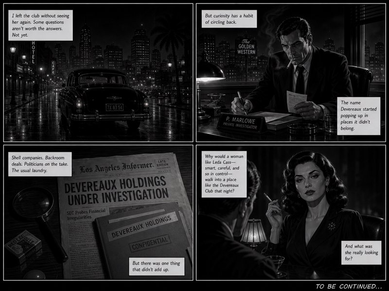 4-panel monochrome hardboiled noir comic following detective P. Marlowe investigating a corporate case and mysterious femm...