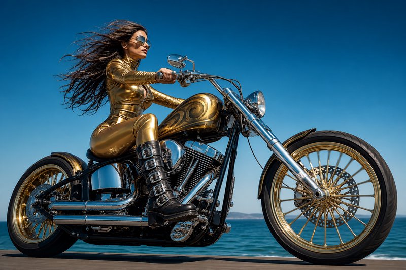 Woman in metallic gold catsuit rides a custom chrome and gold chopper motorcycle along a sunny coastal oceanfront