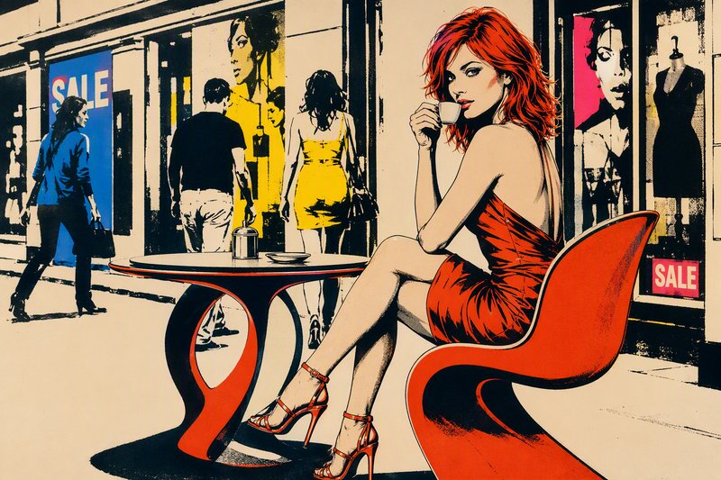 Retro pop art illustration of a red-haired woman in a red dress drinking coffee at an outdoor sidewalk shopping street cafe
