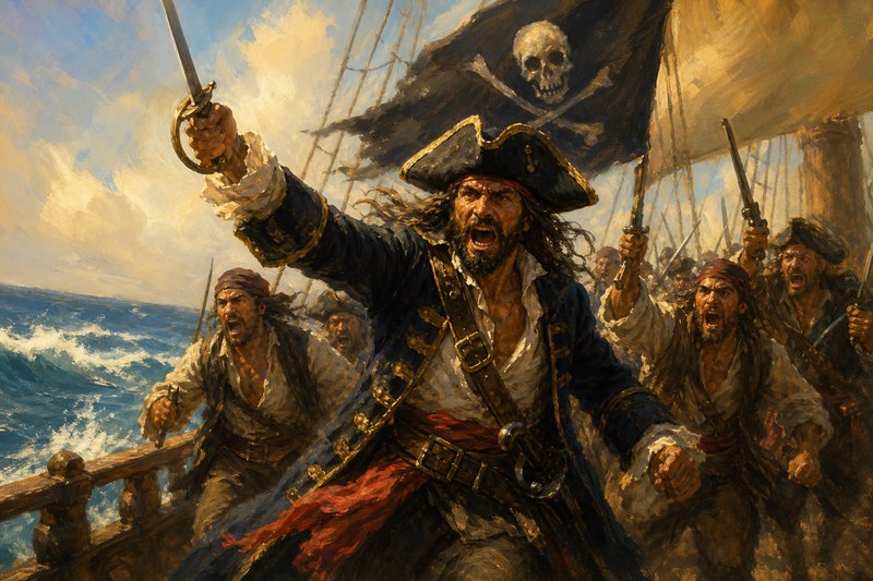 Dramatic oil painting of a shouting pirate captain raising a cutlass, leading his armed crew under a Jolly Roger flag on