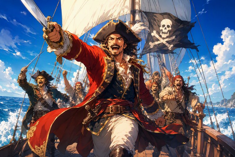 Anime-style pirate captain leads cheering crew on sailing ship deck, Jolly Roger flag flies under bright sunny ocean sky