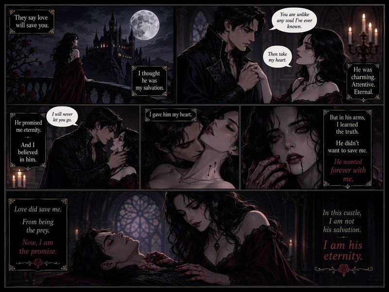Six panel gothic vampire romance comic telling a twisted love story between a brooding vampire and dark lady at a