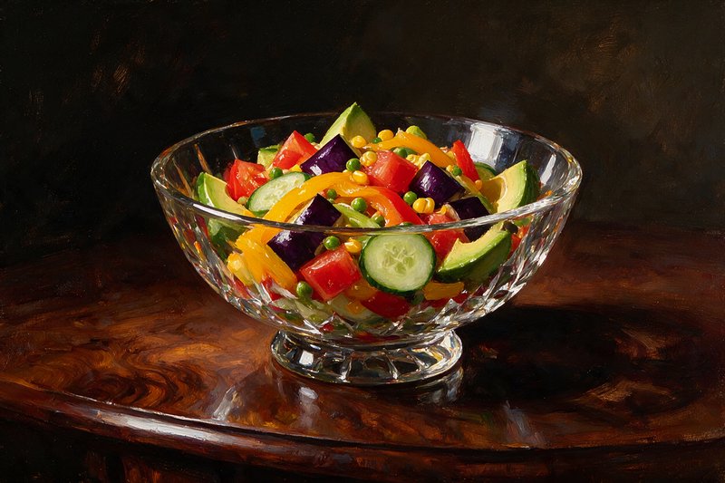 Realistic still life oil painting of a cut crystal bowl filled with vibrant mixed vegetable salad on a polished dark
