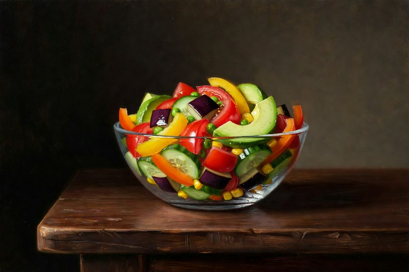 Still life oil painting of a clear glass bowl heaped with fresh mixed vegetable salad on a dark wooden table.