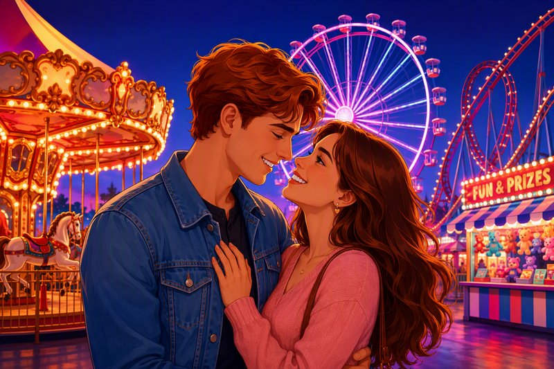 Romantic young couple sharing a tender gaze at a glowing night carnival, with lit amusement rides in the background.